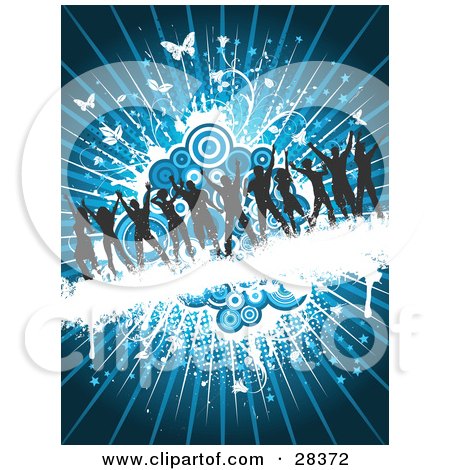 Clipart Illustration of a Group Of Silhouetted Dancers On A White Grunge Bar Over A Cluster Of Blue Circles And White Butterflies On A Bursting Background by KJ Pargeter