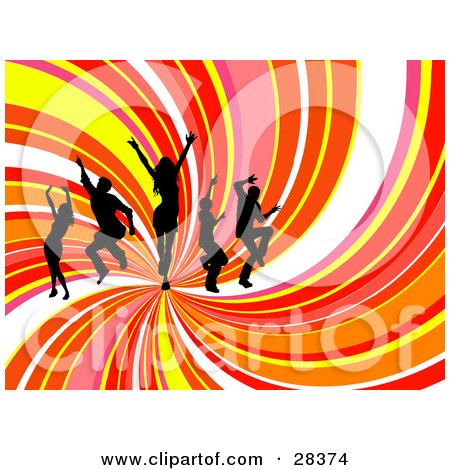 Clipart Illustration of Five Black Dancers In Silhouetted Over A Spiraling Yellow, Pink, Orange, Red And White Background by KJ Pargeter