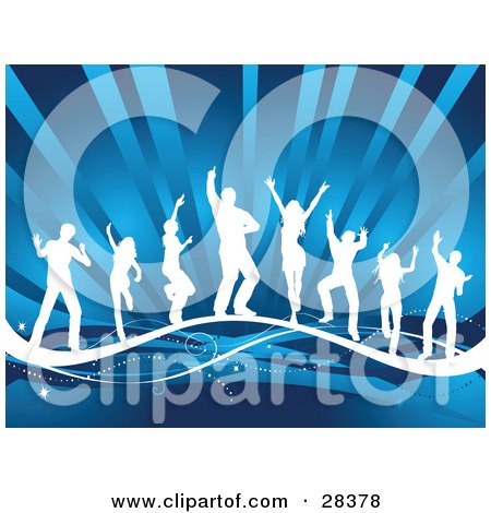 Clipart Illustration of a Group Of White Silhouetted Dancers On A Wave Over A Blue Bursting Background by KJ Pargeter