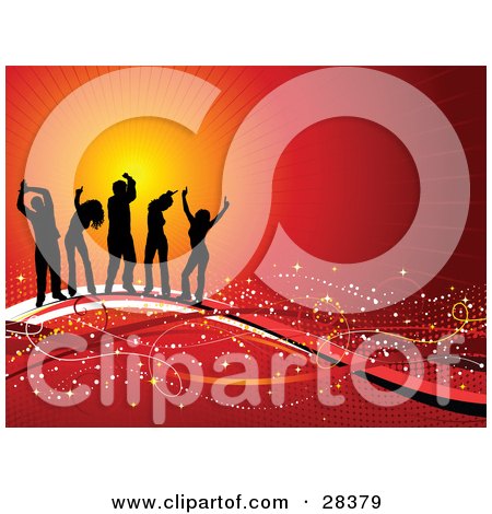 Clipart Illustration of Five Black Silhouetted Dancers On Waves Of Red And White With Sparkles, Over A Bursting Orange And Red Background by KJ Pargeter