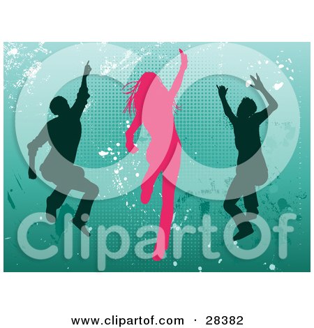 Clipart Illustration of Pink And Green Silhouetted Dancers Over A Green Background With White Grunge by KJ Pargeter
