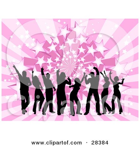 Clipart Illustration of Eight Black Silhouetted Dancers On A Bursting Pink Star Background by KJ Pargeter
