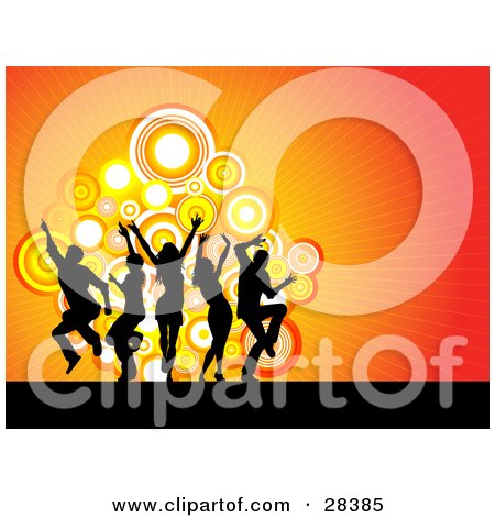 Clipart Illustration of Black Dancers Silhouetted Over A Bursting Orange And Red Background With Circles by KJ Pargeter
