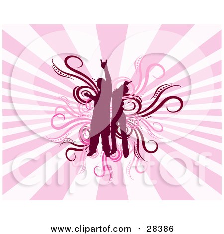 Clipart Illustration of Two Silhouetted Dancers Over Vines On A Bursting Pink Background by KJ Pargeter