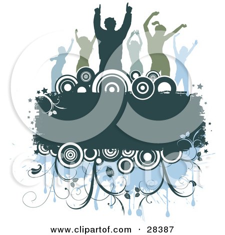 Clipart Illustration of a Group Of Silhouetted Blue And Green Dancers Over A Text Box With Circles And Vines by KJ Pargeter