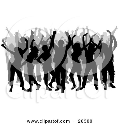 Clipart Illustration of a Crowd Of Dancers Silhouetted In Black And Gray At A Party by KJ Pargeter