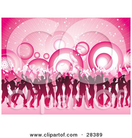 Clipart Illustration of a Crowded Party Of Dancers Silhouetted Against A Background Of Circles On Pink by KJ Pargeter