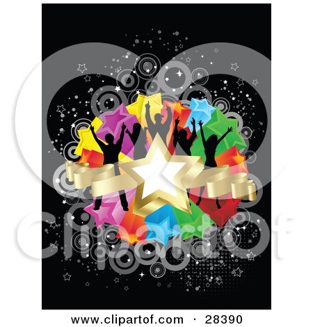 Clipart Illustration of Five Black Silhouetted Dancers On A Cluster Of Colorful Stars With Gray Circles On A Black Background by KJ Pargeter