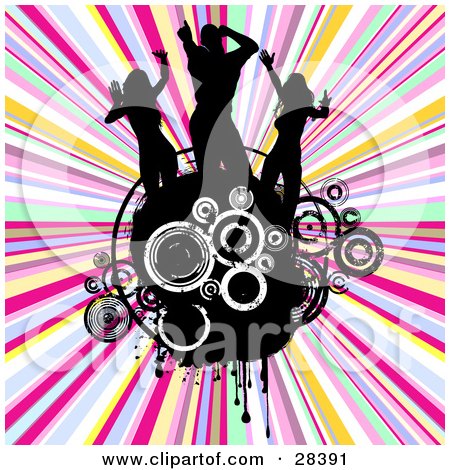 Clipart Illustration of Three Black Silhouetted Dancers On A Grunge Circle With White And Black Circles Over A Bursting Colorful Background by KJ Pargeter