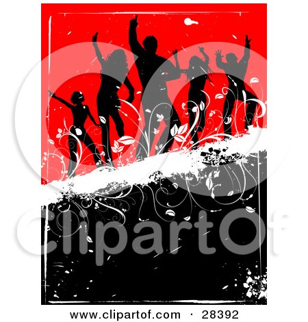 Clipart Illustration of Five Black Silhouetted Dancers On A White Grunge Bar Over A Black And Red Background by KJ Pargeter