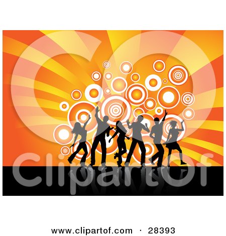Clipart Illustration of Black Dancers Silhouetted Against Circles Over A Bursting Orange And Yellow Background by KJ Pargeter