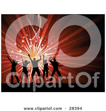 Clipart Illustration of Five Black Silhouetted Dancers Over A Bursting White And Red Background by KJ Pargeter
