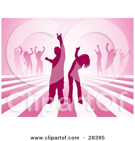 Clipart Illustration of Silhouetted Dancers On A Pink Lined Background by KJ Pargeter