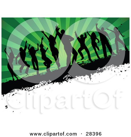 Clipart Illustration of Ten Black Silhouetted Dancers On A Grunge Text Bar Over A White Corner, With A Bursting Green Background by KJ Pargeter