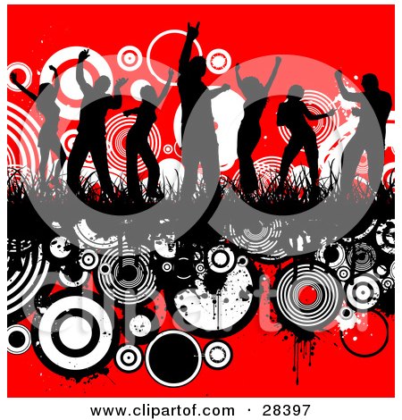 Clipart Illustration of Seven Black Silhouetted Dancers Dancing In Grass On A Grunge Background Of White And Black Circles Over Red by KJ Pargeter
