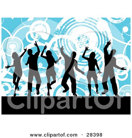 Clipart Illustration of Six Black Dancers Silhouetted Against A Blue Background With White Grunge Circles by KJ Pargeter