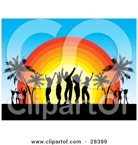 Clipart Illustration of Black Dancers Silhouetted Against The Sunset, Dancing On A Tropical Beach Near Palm Trees by KJ Pargeter