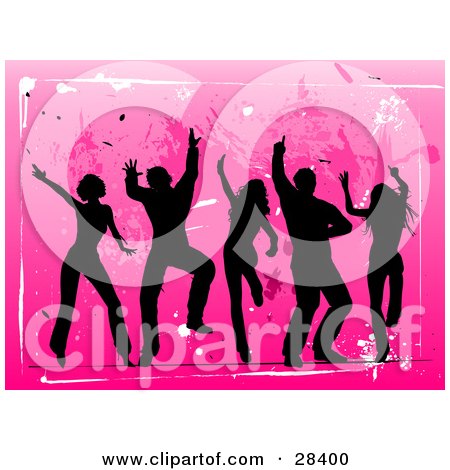 Clipart Illustration of Five Black Silhouetted Dancers Over A Pink Background With Grunge Texture And White Lines by KJ Pargeter