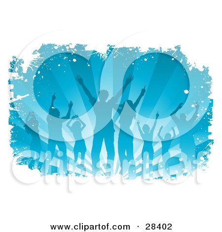 Clipart Illustration of a Party Of Silhouetted Blue Dancers Over A Bursting Blue Background, Bordered By White by KJ Pargeter