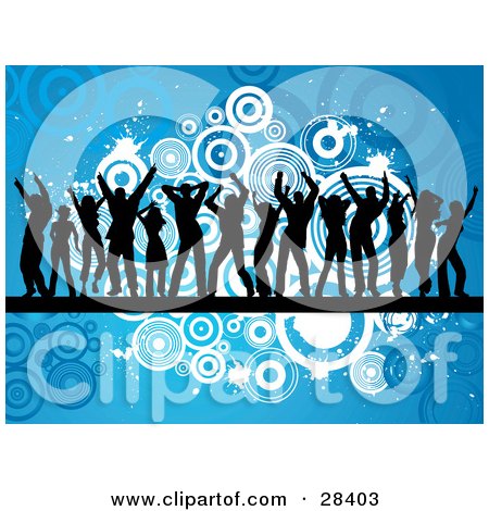 Clipart Illustration of Fourteen Black Dancer Silhouettes On A Black Line Across A Blue Background With White And Blue Circles And Splatters by KJ Pargeter