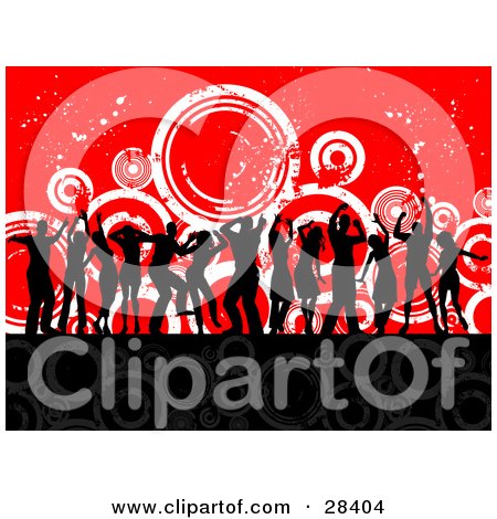 Clipart Illustration of Black Silhouetted Dancers At A Party, Over A Black And Red Background With Gray And White Circles by KJ Pargeter