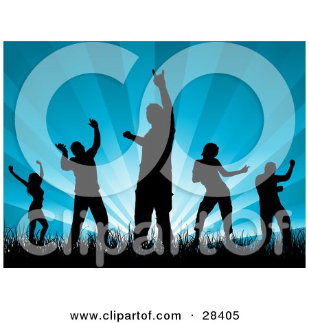 Clipart Illustration of Five Black Dancers Dancing In Grass, Silhouetted Over A Bursting Blue Background by KJ Pargeter