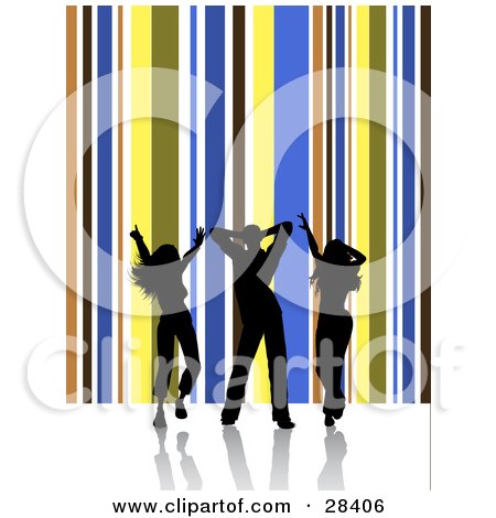 Clipart Illustration of Three Black Silhouetted Dancers On A White Surface, Over A Vertical Brown, Blue, Yellow And White Background Of Stripes by KJ Pargeter