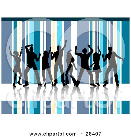 Clipart Illustration of Eight Black Dancers On A Reflective White Floor, Silhouetted Against A Blue, Yellow And White Striped Background by KJ Pargeter