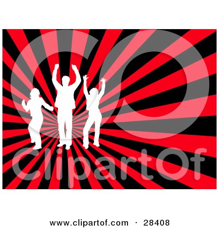 Clipart Illustration of Three White Silhouetted Dancers Over A Bursting Red And Black Background by KJ Pargeter