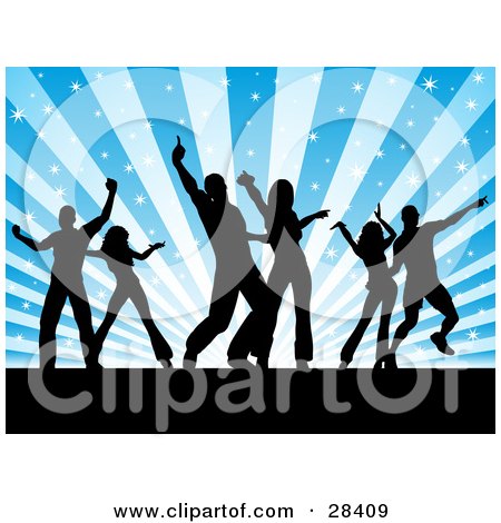 Clipart Illustration of Three Couples Silhouetted On A Dance Floor, Over A Bursting Sparkly Blue Background by KJ Pargeter