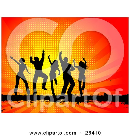 Clipart Illustration of Five Black Silhouetted Dancers On A Black Bar Over A Bursting Orange And Red Background by KJ Pargeter