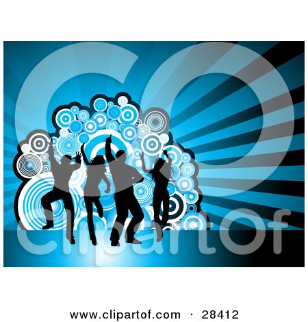 Clipart Illustration of Four Black Dancers Silhouetted Against A Bursting Blue Background With Circles by KJ Pargeter