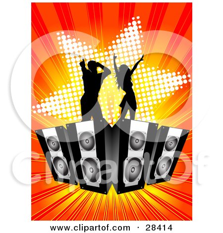 Clipart Illustration of Two Black Silhouetted Dancers Dancing On Speakers Over A Bursting Orange And Red Background With A Star by KJ Pargeter