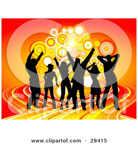 Clipart Illustration of Black Dancers On A Colorful Road, Dancing In Front Of A Cluster Of Circles Over An Orange And Red Background by KJ Pargeter