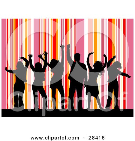 Clipart Illustration of Black Silhouetted Dancers Dancing Over A Vertical Pink, Red, Purple And White Striped Background by KJ Pargeter