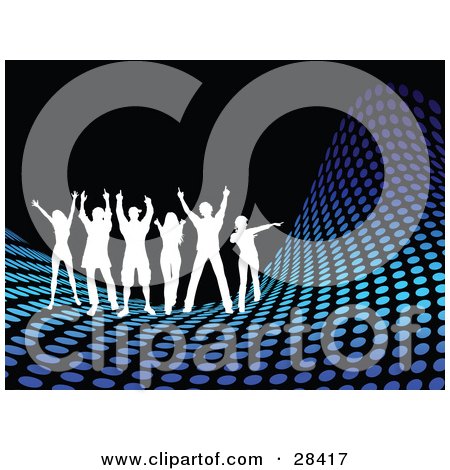 Clipart Illustration of Six White Silhouetted Dancers On A Dotted Blue Wave Over Black by KJ Pargeter