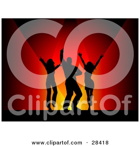 Clipart Illustration of Three Black Silhouetted Dancers Under Read And Orange Spotlights by KJ Pargeter