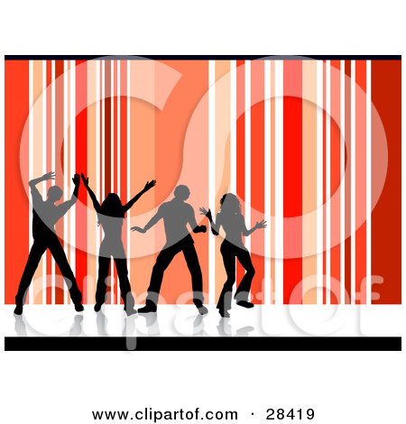 Clipart Illustration of Four Black Silhouetted Dancers Over A Vertical Striped Red, Orange And White Background by KJ Pargeter