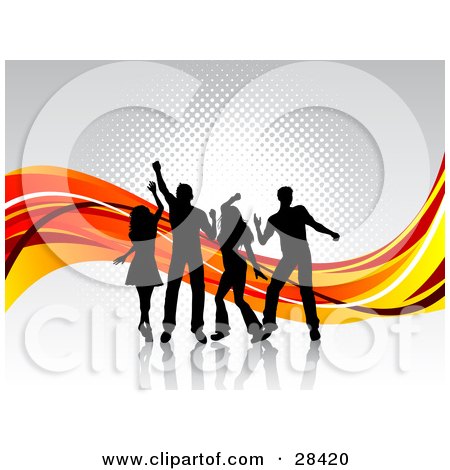 Clipart Illustration of Four Black Silhouetted Dancers On A White Surface With Waves Of Orange And Red by KJ Pargeter