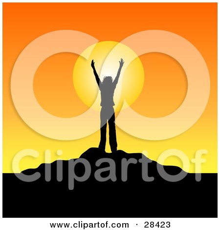 Clipart Illustration of a Silhouetted Person Standing With Their Arms In The Air On Top Of A Hill Against An Orange Sunrise Or Sunset by KJ Pargeter