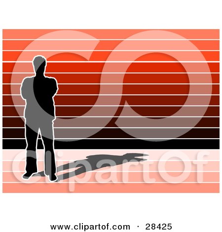 Clipart Illustration of a Black Silhouetted Man With A Shadow, Standing Over A Red And Black Striped Background by KJ Pargeter