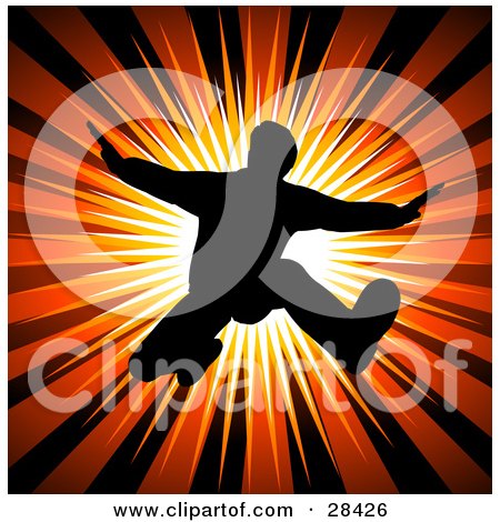 Clipart Illustration of a Black Silhouetted Man Holding His Arms Out And Jumping Over A Bursting Red Background by KJ Pargeter