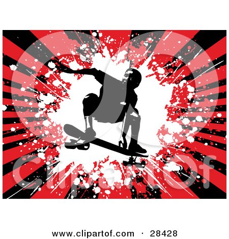 Clipart Illustration of a Silhouetted Skateboarder Jumping On His Board, Over A Bursting Red And Black Grunge Background by KJ Pargeter