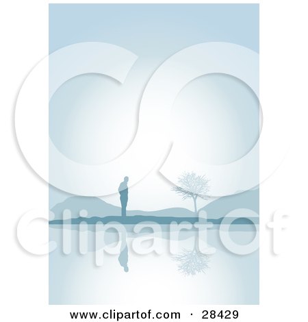 Clipart Illustration of a Lone Silhouetted Man Standing Near Hills And A Tree, Reflecting On The Still Waters Of A Lake On A Foggy Morning by KJ Pargeter