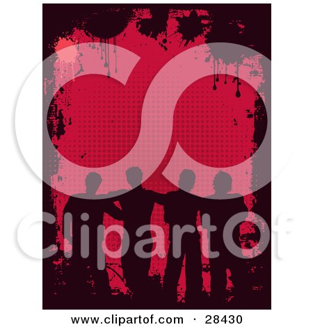 Clipart Illustration of Four Silhouetted Male Friends Standing Together Over A Red Background Bordered By Black Grunge And Splatters by KJ Pargeter