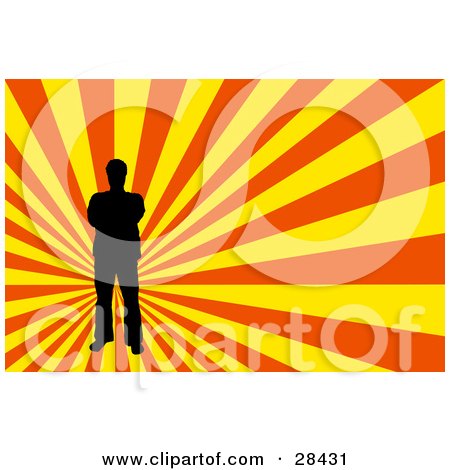Clipart Illustration of a Black Silhouetted Man Standing Over A Bursting Yellow And Orange Background by KJ Pargeter