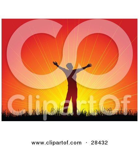 Clipart Illustration of a Silhouetted Man Holding His Arms Out In Worship Against A Bursting Orange Sunset Or Sunrise by KJ Pargeter