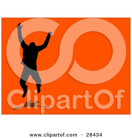 Clipart Illustration of a Happy Black Silhouetted Man Jumping With A Shadow Over An Orange Background by KJ Pargeter
