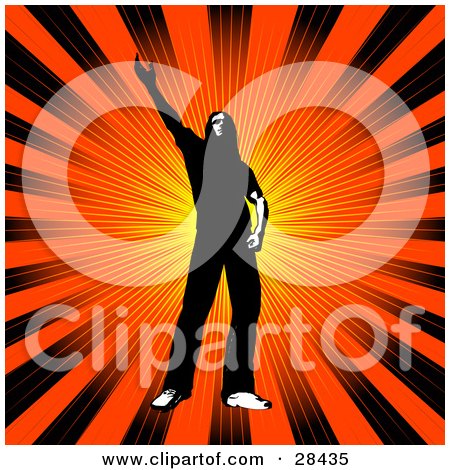 Clipart Illustration of a Black Silhouetted Man Holding His Arm Up And Standing In Front Of An Orange And Black Bursting Background by KJ Pargeter