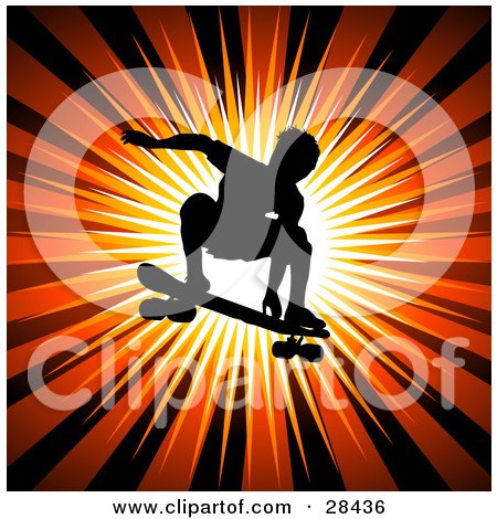 Clipart Illustration of a Silhouetted Male Skateboarder Leaping Through The Air On His Board, Over A Bursting Orange Background by KJ Pargeter